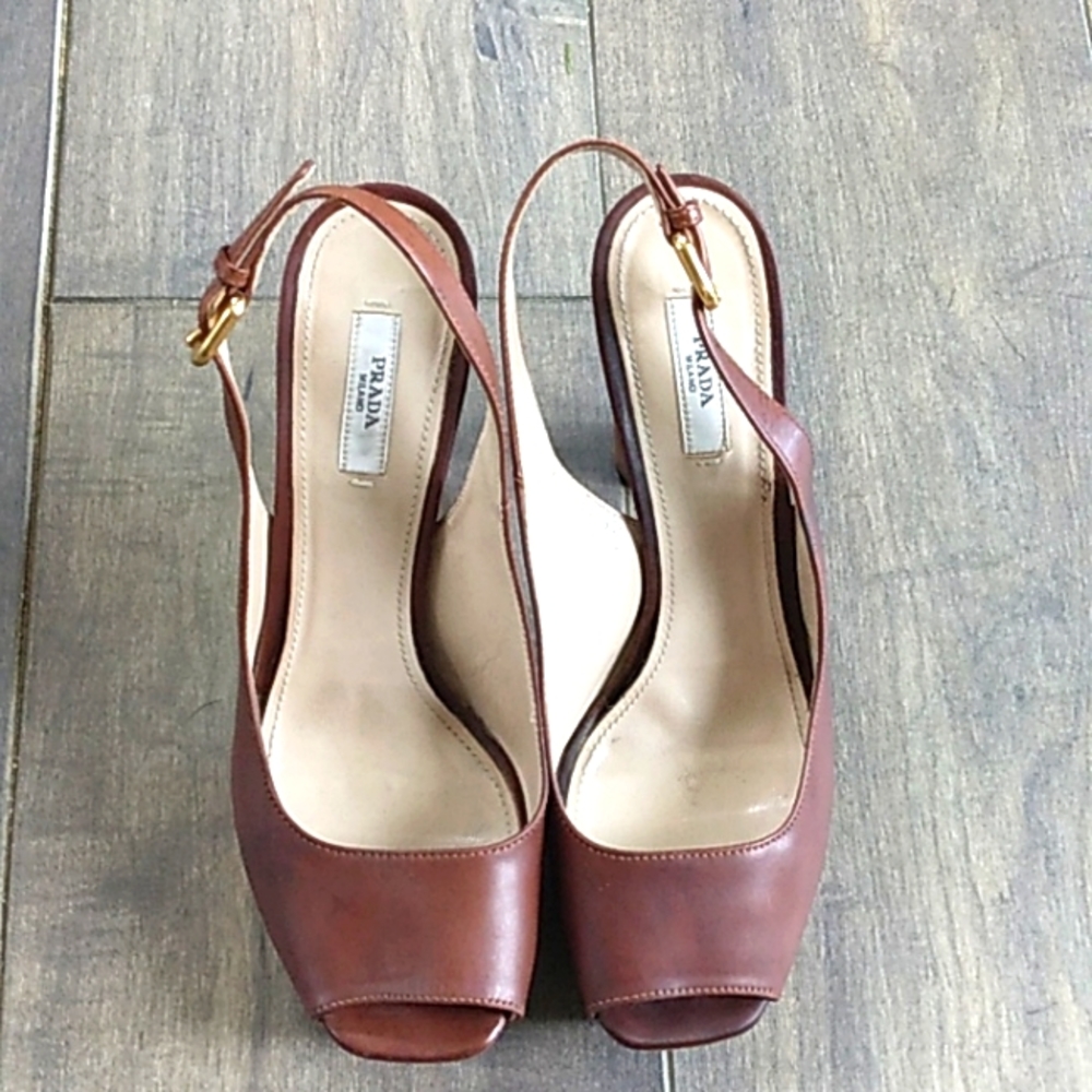 PRADA BROWN LEATHER PEEP TOE CORK HEELS WOMANS 39/9. - Picture 3 of 13